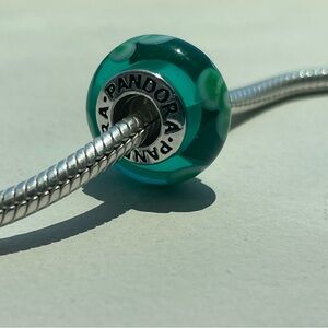 Retired Pandora Murano Glass Charm - Green Flowers 790649